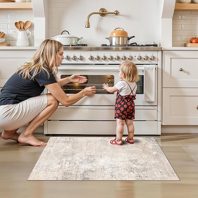 2x3 Washable Non-Slip Rug – Modern Abstract Neutral Small Throw Area Rug for Kitchen, Entryway, Bedroom – Soft Low Pile Thin Indoor Door Mat (Beige Grey, 2x3)