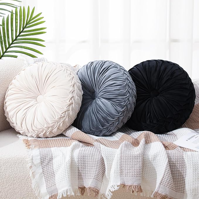 Drydiet 3 Pcs Round Throw Velvet Pillows Decorative Pleated Throw Pillows 15'' Diameter Accent Pumpkin Boho Chair Cushion for Couch Sofa Home Decoration (Black,White,Gray)