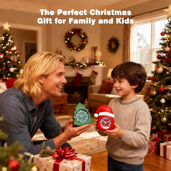 AYRELY?? Christmas Alarm Clock Gift Set ?€? 2 Silent Analog Clocks (Santa Hat & Christmas Tree), Ready-to-Gift Holiday Edition for Kids & Family, with Festive Gift Box