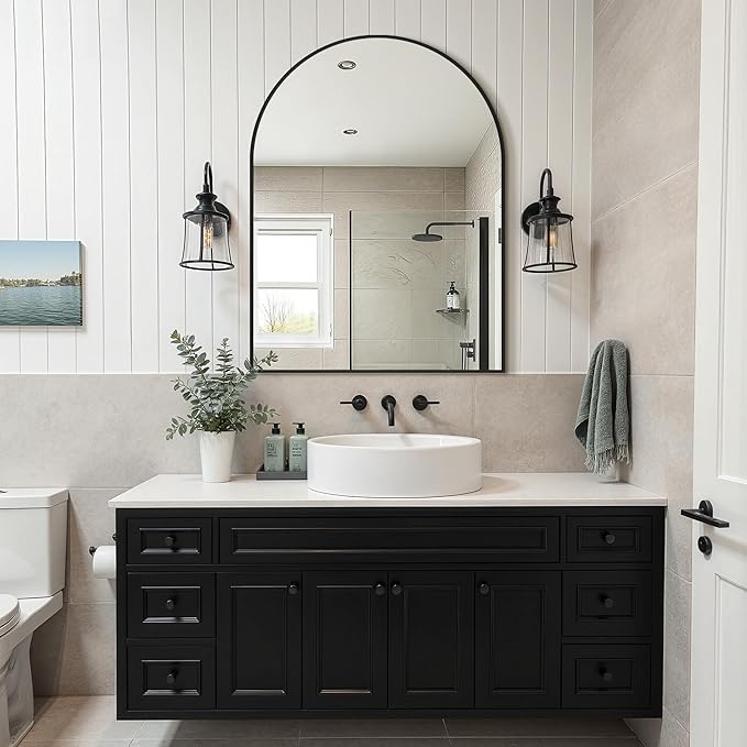 Vanity Bathroom Mirror for Wall, 40"x30" Arched Bathroom Mirror for Over Sink, Arched Metal Frame for Bedroom, Living Room, Entryway, Hanging or Leaning, Black