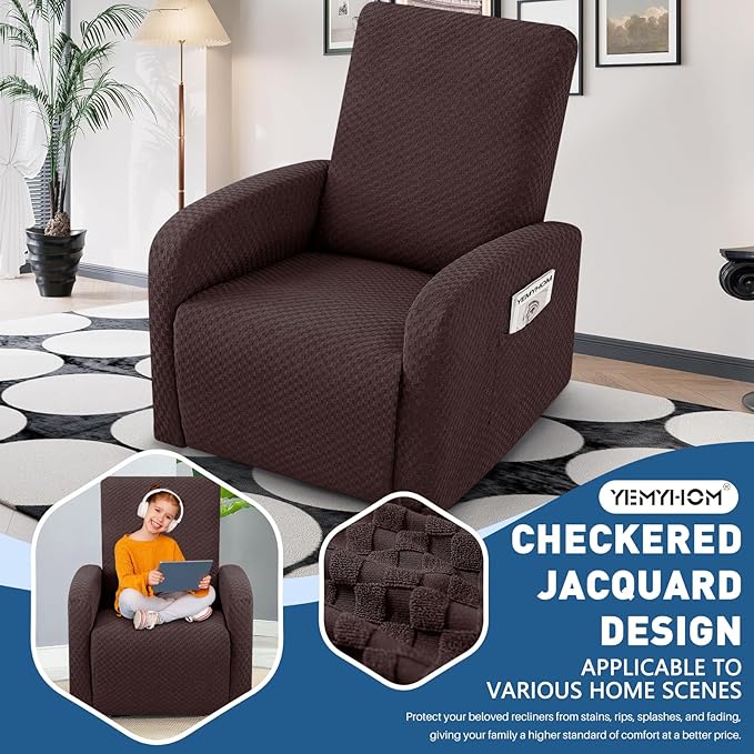 YEMYHOM 3 Pieces Stretch Recliner Slipcover Latest Jacquard Small Recliner Chair Cover with Side Pocket Anti-Slip Fitted Furniture Protector with Elastic Bottom (X-Small Recliner, Dark Coffee)