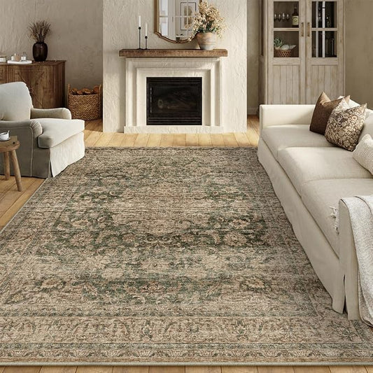 8x10 Washable Area Rug Green Brown Vintage Non Slip Soft Low Pile Rug for Living Room Bedroom Dining Room Office Distressed Oriental Indoor Large Throw Carpet for Home Decor