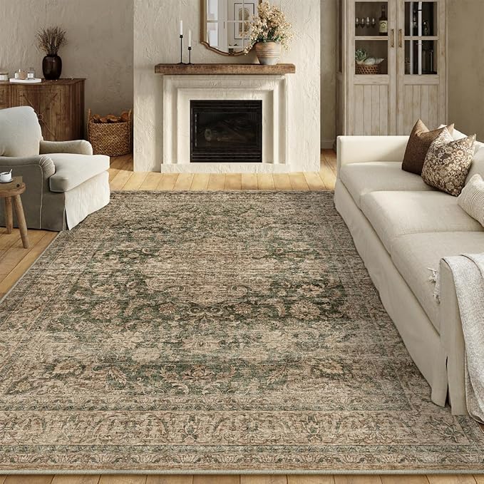 12x15 Washable Area Rug Green Brown Vintage Non Slip Soft Low Pile Rug for Living Room Bedroom Dining Room Office Distressed Oriental Indoor Extra Large Throw Carpet for Home Decor