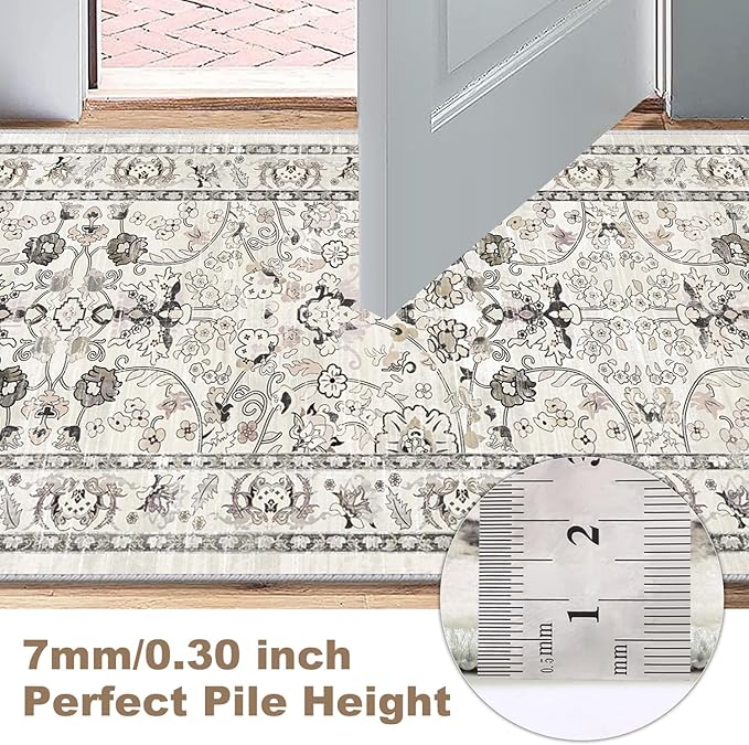 LOKHOM Washable Runner Rug, 2x6 Non-Slip Vintage Kitchen Rug with Rubber Backing, Boho Floral Soft Faux Wool Hallway Runner Rug Carpet Runner for Laundry Entryway Bedroom (Cream White)
