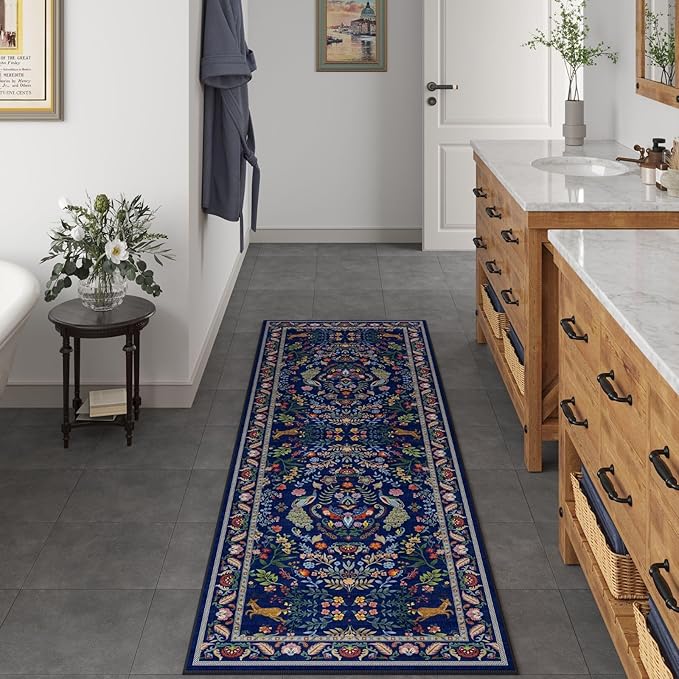Rugcomf 2x5 Runner Rug - Floral Machine Washable Kitchen Rug, Non-Slip Low Pile Boho Carpet for Hallways, Laundry, Entryway, Bedroom, Bathroom - Blue