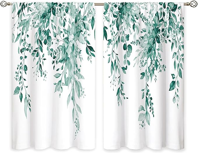 Eucalyptus Botanical Leaves Teal Floral Kitchen Window Curtains Over Sink Farmhouse Flower Leaf Small Window Treatment Cafe Short Curtains for Bathroom Treatment Tier Drapes 27.5x39inch