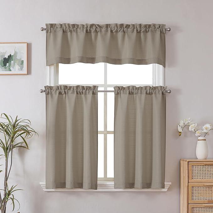 Chyhomenyc Curtains 30 Inch Length, Faux Linen Textured Small Cafe Curtains, Light Filtering Short Curtains for Bathroom Curtains Window, 30x30 Inch, 2PCS, Stone Beige