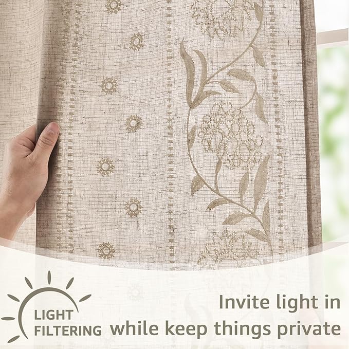 jinchan Winslow Linen Curtains for Bedroom 63 Inches Length Embroidered Bordered Floral Curtains for Living Room Farmhouse Decor Light Filtering Window Treatments Ivory on Taupe Drapes 2 Panels