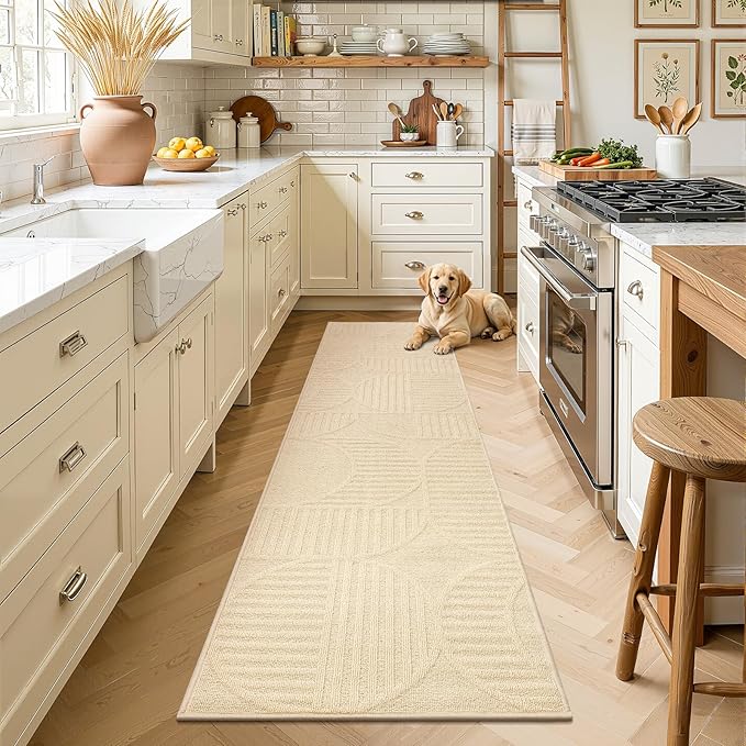 Findosom Washable Runner Rug 2x10, Geometric High-Low Textured Non Slip Hallway Runner Rug with Rubber Backing, Boho Carpet Runner for Kitchen, Bedroom, Laundry, Entryway, Bathroom, Beige