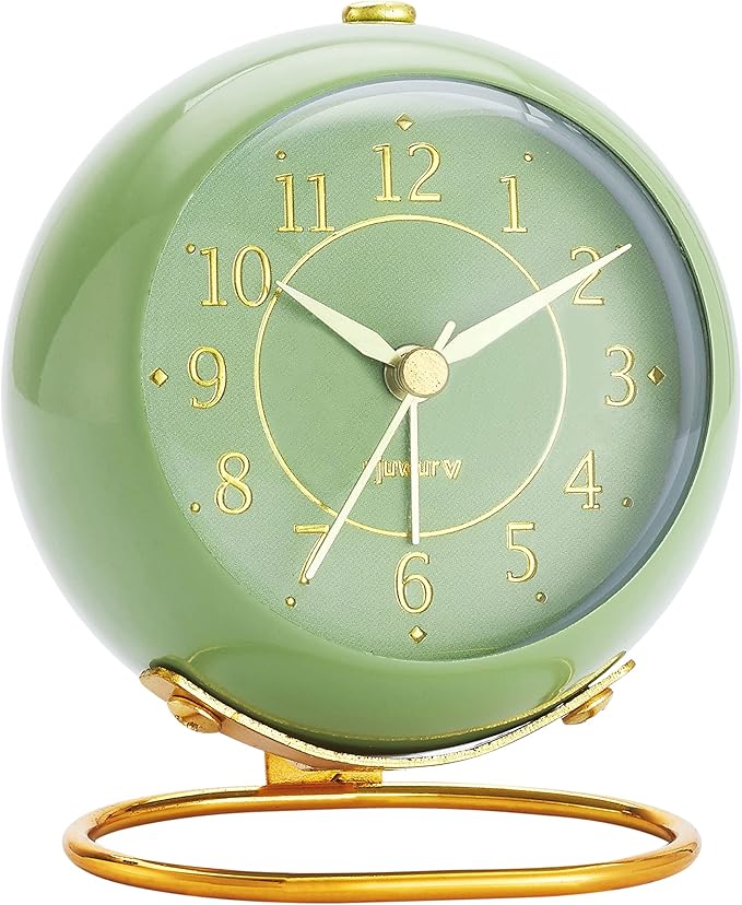 Metal Desk Clock, Retro Bedroom Table Vintage Analog Alarm Clock, Silent Non-Ticking Gold Clock, Bedside D??cor(Olive-Green)
