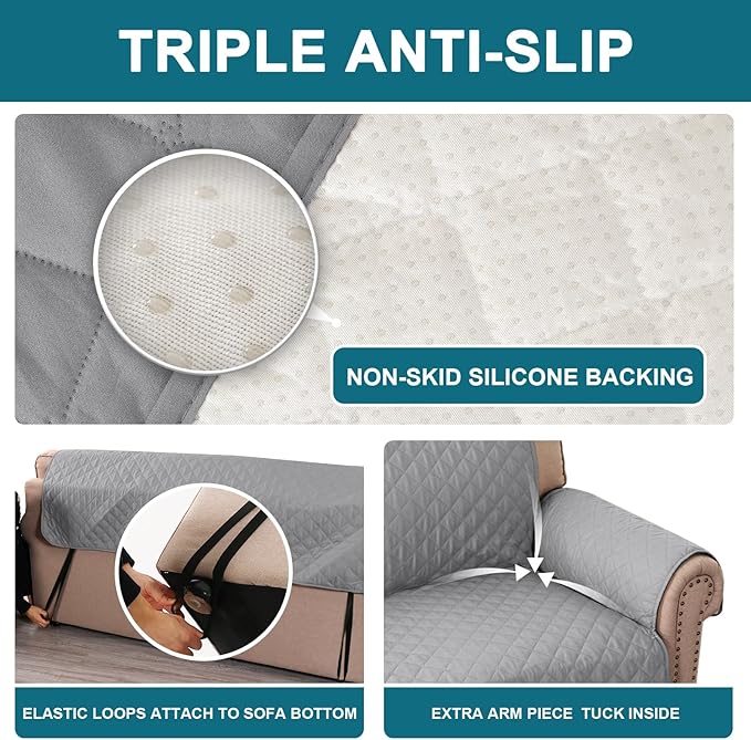 Turquoize 100% Waterproof Sofa Covers Couch Cover Sofa Cover for Dogs Couch Protector Triple Non-Slip Sofa Slipcover for 3 Cushion Couch Furniture Protector for Pets, Kids,Dog (XL Sofa 78", Dove Gray)