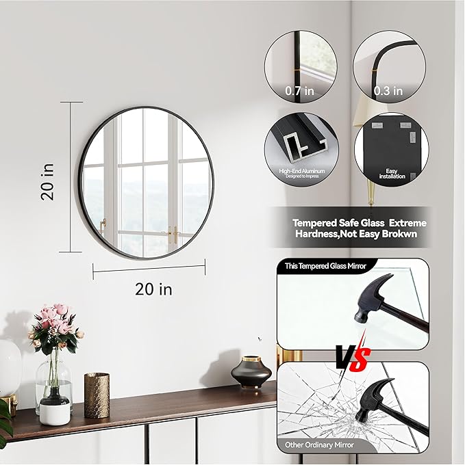 SCWF-GZ 20" Round Mirror Circle Wall Mounted Hanging or Against Wall Metal Frame Dressing Make-up Mirrors for Entryway Bedroom Bathroom Living Room 20 inch Black