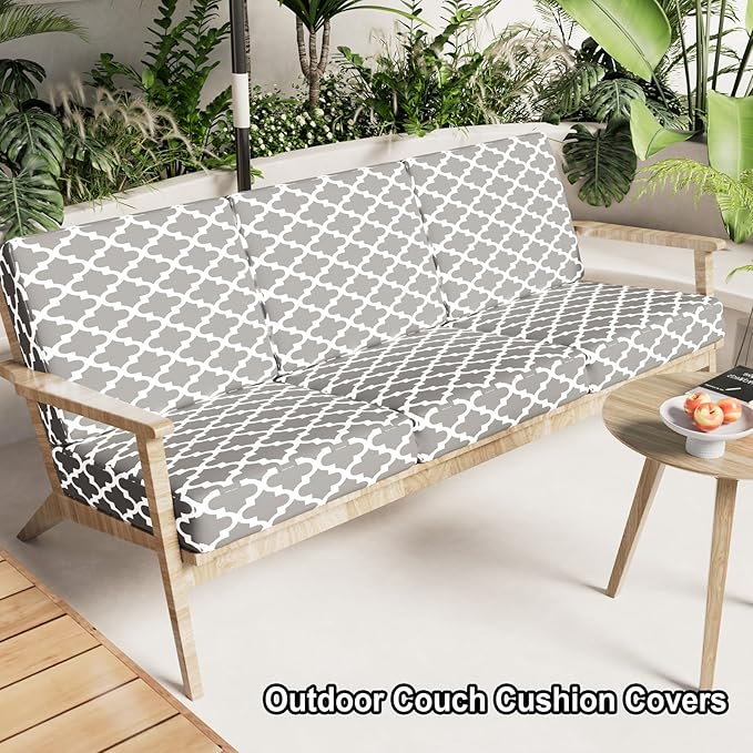 hyha Printed Couch Cushion Covers, Floral Sofa Covers Washable for 3 Cushion Couch, Stretch Pattern Outdoor Cushion Covers for Patio Furniture with Elastic Bottom(Large, Moroccan Light Gray)
