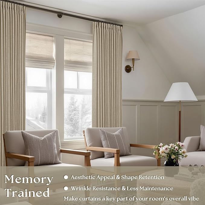 TWODRAPES Grey Beige Pinch Pleated Linen Curtains 92 Inches Long 2 Panels for Living Room Bedroom Memory Training Shaped Semi Sheer Pleat Drapes with Hooks Rings Light Filtering Window Curtain 40x92