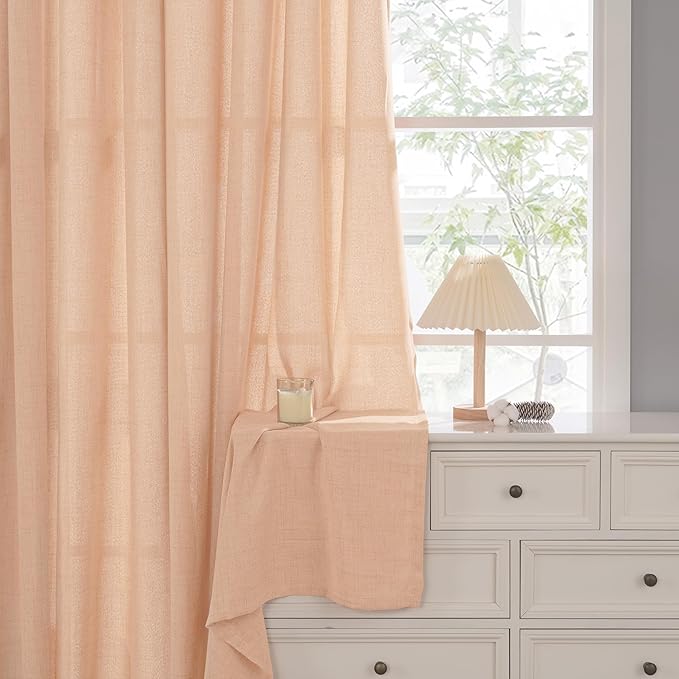 YoungsTex Peach Linen Curtains 45 Inches Long for Short Window, Semi Sheer Textured Drapes with Bronze Grommet Light Filtering Spring Decor for Bedroom Living Room, 42 x 45 Inch, 2 Panels