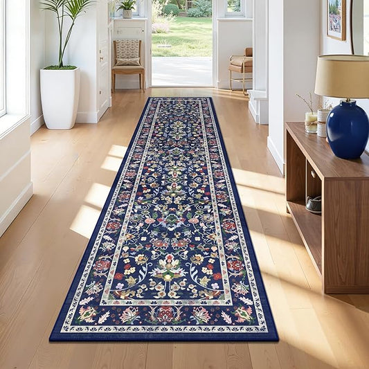 LOKHOM Washable Runner Rug, 2x8 Non-Slip Vintage Hallway Runner Rug with Rubber Backing, Boho Floral Soft Faux Wool Kitchen Rug Carpet Runner for Laundry Entryway Bedroom (Vibrant Blue)