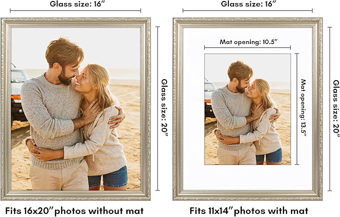 Americanflat 16x20 Picture Frame with Polished Plexiglass - Use as 11x14 Frame with Mat or Display 16x20 Photo Without Mat - Ornate Picture Frames for Wall Display - Silver