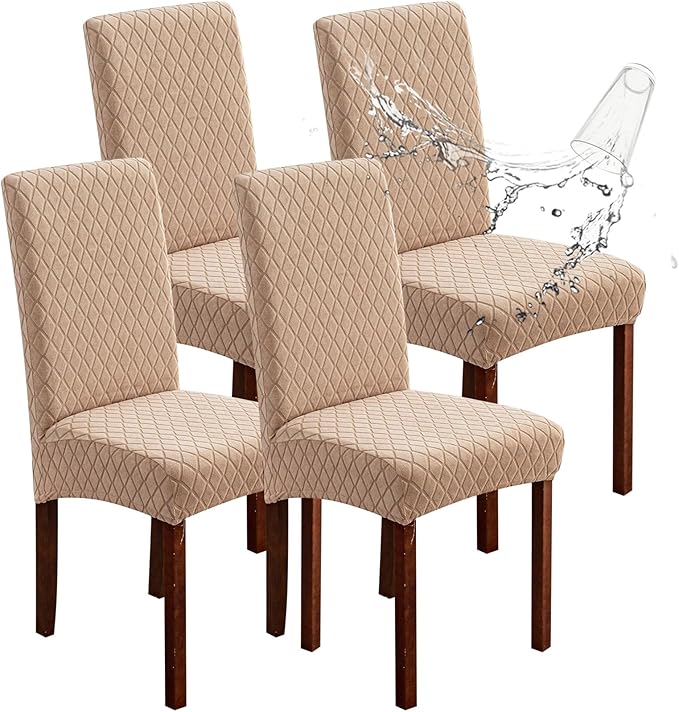 Genina 100% Waterproof Chair Covers for Dining Room Set of 4, Large Dining Room Chair Covers Protectors Stretch Kitchen Parson Chair Slipcovers for Home, Restaurant (Large, Argyle-Khaki)