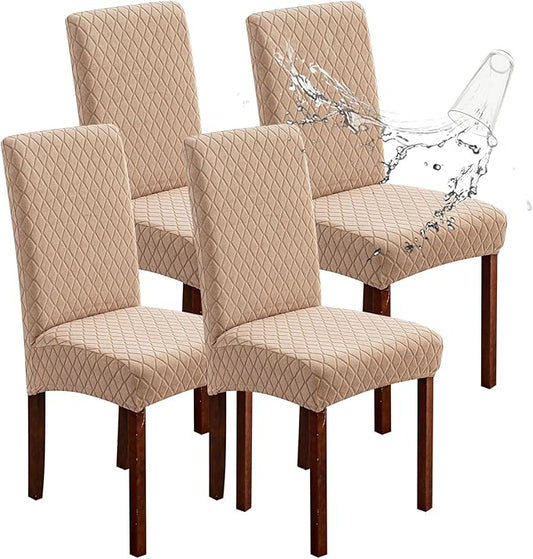 Genina 100% Waterproof Chair Covers for Dining Room Set of 4, Large Dining Room Chair Covers Protectors Stretch Kitchen Parson Chair Slipcovers for Home, Restaurant (Large, Argyle-Khaki)