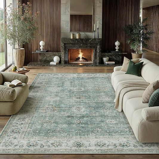 8x10 Washable Area Rug for Living Room Bedroom Teal Blue Vintage Large Distressed Rustic Low Pile Carpet Non-Slip Soft Throw Rug for Indoor Dining Room
