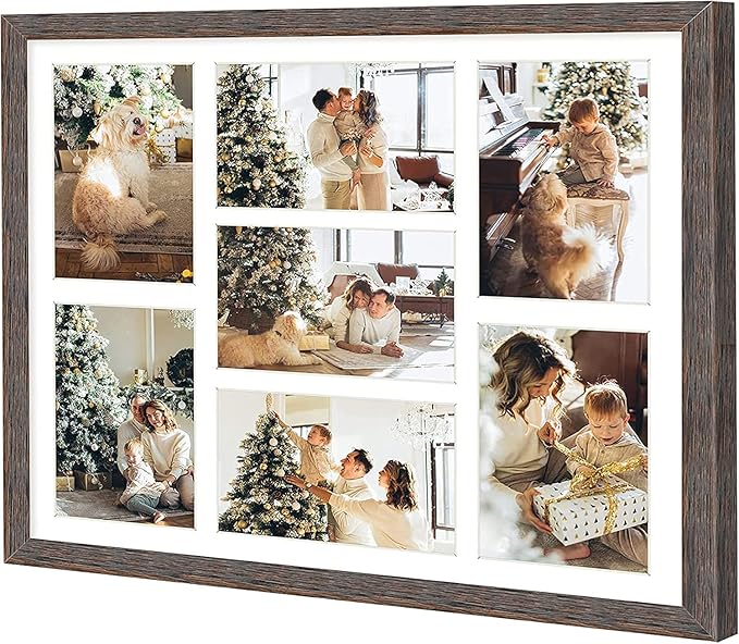 Golden State Art, Set of 10, 13.7x15.7 Distressed Brown Wood Collage Frame - White Mat - Displays Seven 4x6 Photos - Real Glass, Sawtooth Hanger, Swivel Tabs - Wall Mounting, Landscape, Portrait