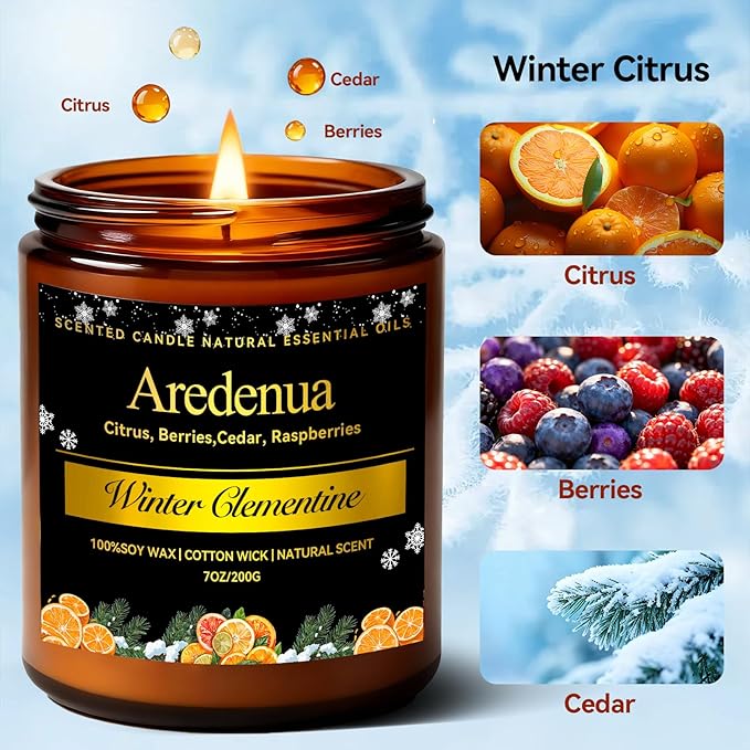 Winter Candles – Clementine Candle | Holiday Scented Candles - Citrus Soy Candle for Odor Eliminator | Winter Christmas Gift for Women Men 7oz Jar with 50H Clean Burn & Long Lasting