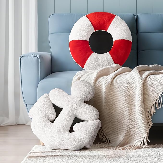 AELS 3D Anchor & Lifebuoy Nautical Throw Pillows, 19.6"& 15.7" Set of 2, Coastal Decor for Beach Enthusiasts Beach House, Ideal for Sofa Couch Living Room Bedroom and Nursery, Red and White