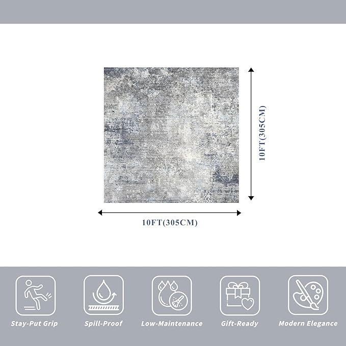 10x10 Square Living Room Rug – Washable Modern Abstract Large Rug for Bedroom, Dining Room, Playroom – Non-Slip Low-Pile Thin Indoor Floor Carpet (Blue Grey,10x10)
