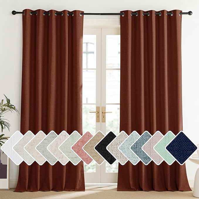 NICETOWN 100% Absolutely Blackout Linen Curtains with Thermal Insulated Liner, 62" Wide, 2 Panels, 84" Long Drapes, Grommet Retro Burnt Orange Linen Curtains Vertical Drapes Privacy for Bedroom