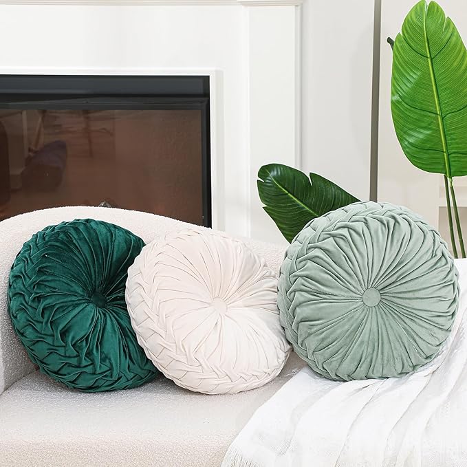 Drydiet 3 Pcs Round Throw Velvet Pillows Decorative Pleated Throw Pillows 15'' Diameter Accent Pumpkin Boho Chair Cushion for Couch Sofa Home Decoration (White,Light Green,Green)