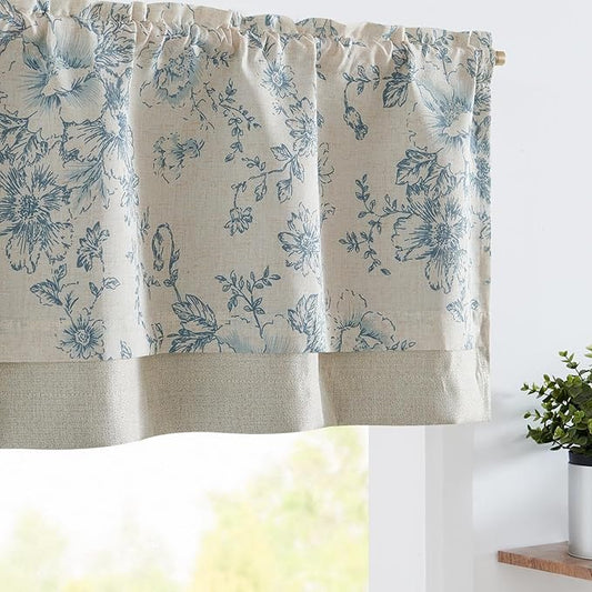 jinchan Linen Floral Valance Double Layer Kitchen Window Curtain Blue Flower on Beige Valance for Living Room Cafe Farmhouse Light Filtering Rustic Country Curtain 18 Inch Rod Pocket 1 Panel