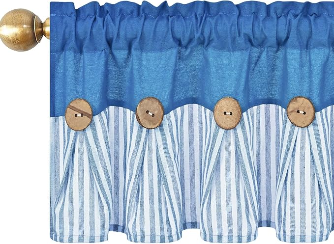 ASPMIZ Farmhouse Cotton Linen Valances for Windows, Boho Kitchen Curtains Valances with Rustic Button, Lake Blue Striped Window Treatments Curtain Valance for Bathroom Cafe, 60 x 14 Inch, 1 Pannel