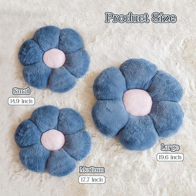 Kcvvcr Flower Pillow Cute Decorative Throw Pillow with Faux Rabbit Fur Soft Daisy Plush Floor Cushion Aesthetic Flower Shaped Pillow Home Decor for Bed Sofa Couch (Dusty Blue, 14.9 Inch)