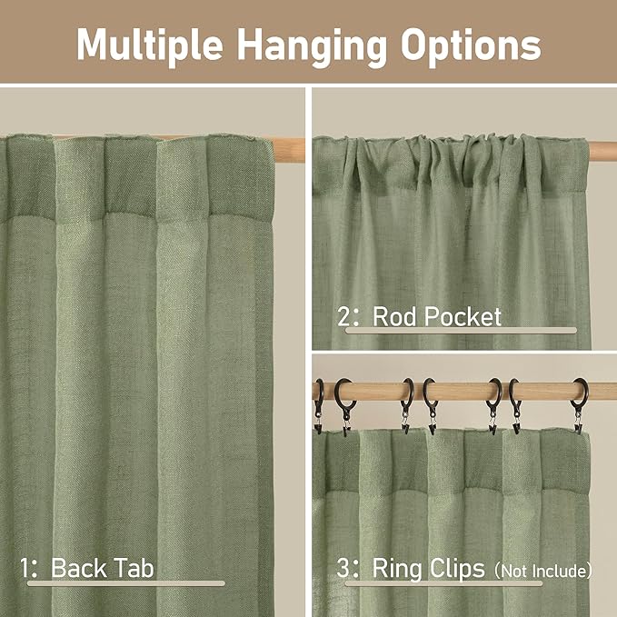 LAMIT Short Linen Window Curtains 30 Inches Long 2 Panels, Sage Green Semi Sheer Light Filtering Panels Back Tab and Rod Pocket Neutral Drapes for Basement/Small Windows, 34 x 30 Inch