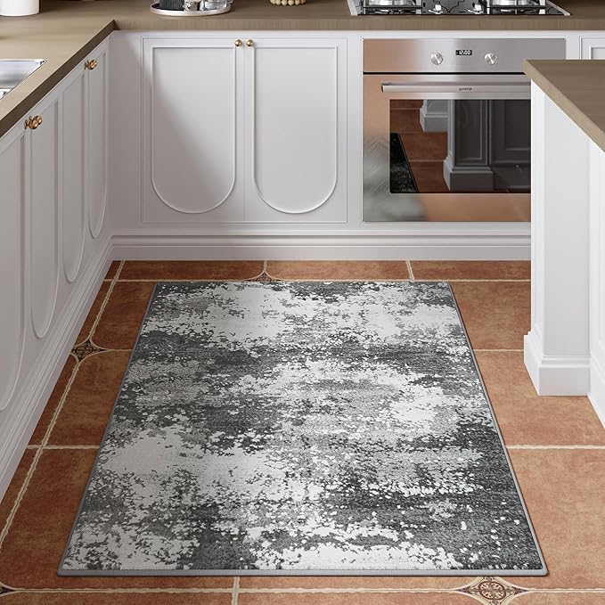 Entryway Rug 3x5 Grey Door Mat Indoor Entrance 36x60, Washable Small Throw Rugs for Kitchen Floor, Entry, Front Door, Bedroom Bedside, Non-Slip Low Pile Stain & Fade Resistant, Abstract Gray