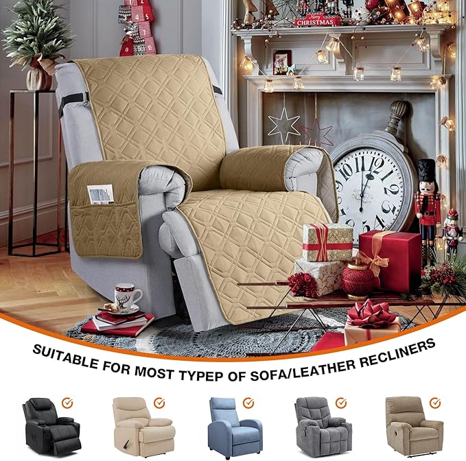 VANSOFY 100% Waterproof Recliner Chair Covers, Recliner Cover Non-Slip Dog Chair Cover Furniture Protector Washable Slipcover with Pocket, Elastic Straps for Pets, Dogs(Sand, 22")