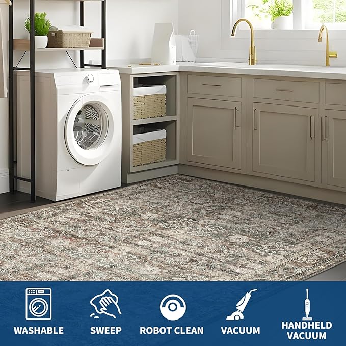 GarveeHome Washable Rugs for Living Room, Vintage Neutral Area Rug, Ultra Soft Low Pile Oriental Floral Carpet, Non Slip & Stain Resistant Retro Floor Mats for Home Decor