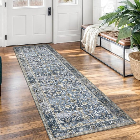 KUTA Vintage Washable Runner Rug, 2x7 Blue Grey Beige Runners for Hallways Non-Slip Kitchen Rugs Ultra Thin Soft Printed Distressed Oriental Floral Floor Carpet for Laundry Bedroom Living Room
