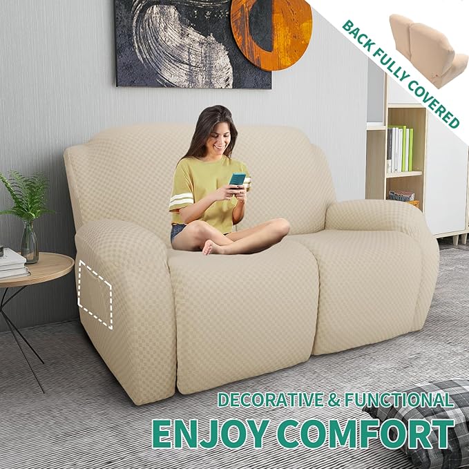YEMYHOM 6 Pieces Stretch Loveseat Recliner Slipcover Jacquard Recliner Sofa Cover with Side Pocket Fitted Recliner Cover Couch Furniture Protector with Elastic Bottom (Loveseat Recliner, Beige)