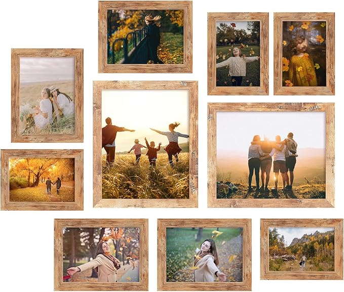 iRahmen Collage Picture Frames Set of 10, Wall Decor for Mounting or Tabletop Display, Family Photo Gallery Frame Set - Multi Sizes Including Two 8x10, Four 5x7, Four 4x6, HD Glass, Rustic Wood