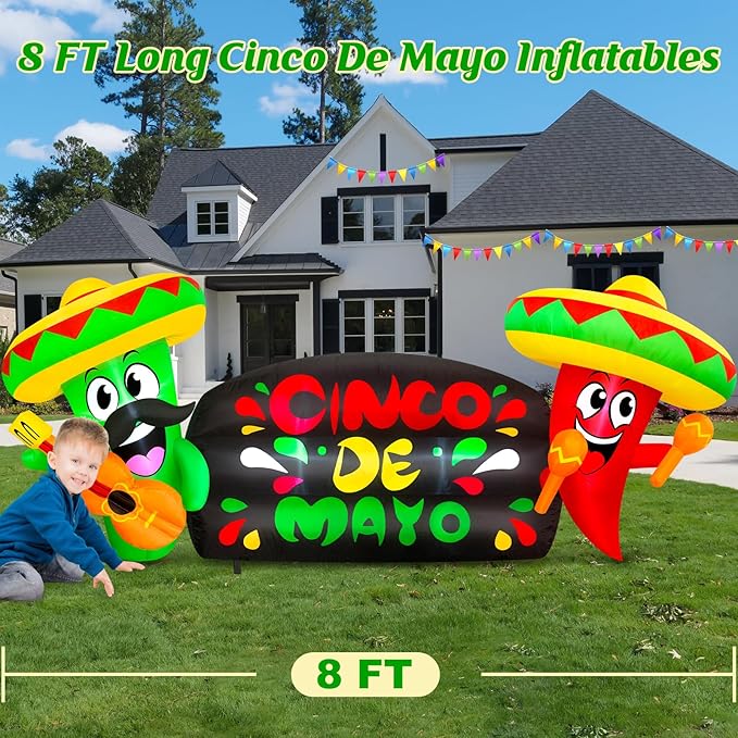 8FT Long Cinco de Mayo Inflatable Outdoor Decoration Blow Up Cactus Holding Guitar and Chili Holding Makara with Taco Sombrero, May 5 Mexican Fiesta Decor Built-in LEDs for Yard, Party, Holiday