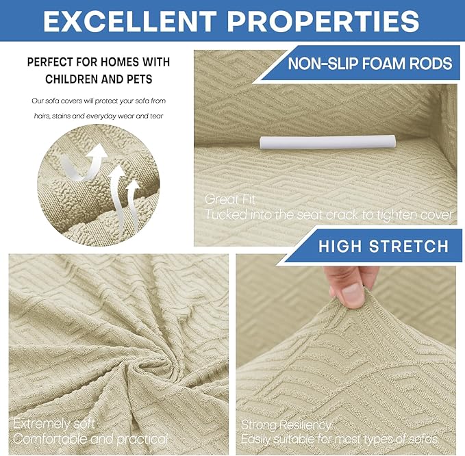 XINEAGE New 1 Piece Couch Covers for 3 Cushion Couch (79"-91") Stretch Sofa Cover Slipcover Pet Friendly Soft Washable Furniture Protector with Elastic Bottom for Kids,Dog (Sofa, Light Beige)