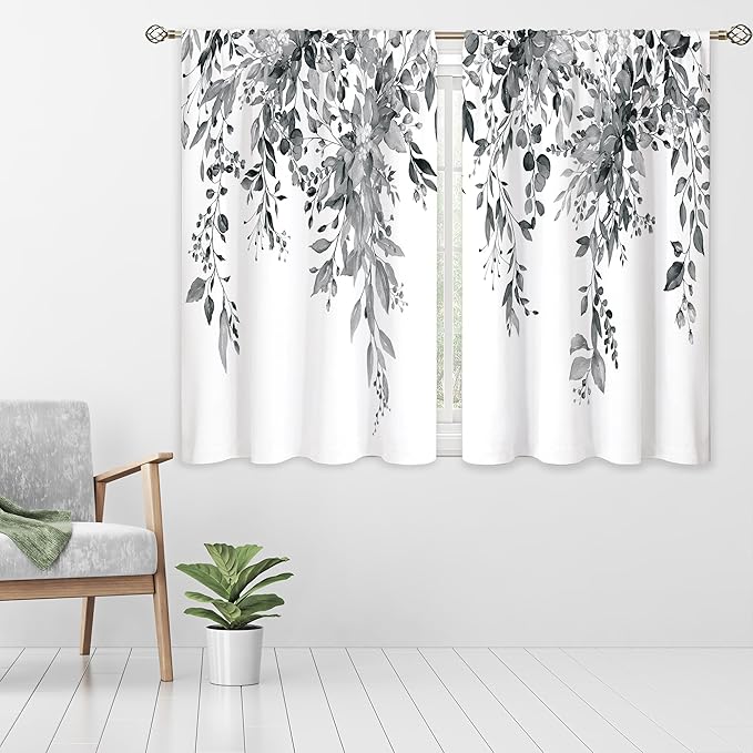 Eucalyptus Botanical Leaves Grey Floral Kitchen Window Curtains Over Sink Farmhouse Flower Leaf Small Window Treatment Cafe Short Curtains for Bathroom Treatment Tier Drapes 27.5x39 inch