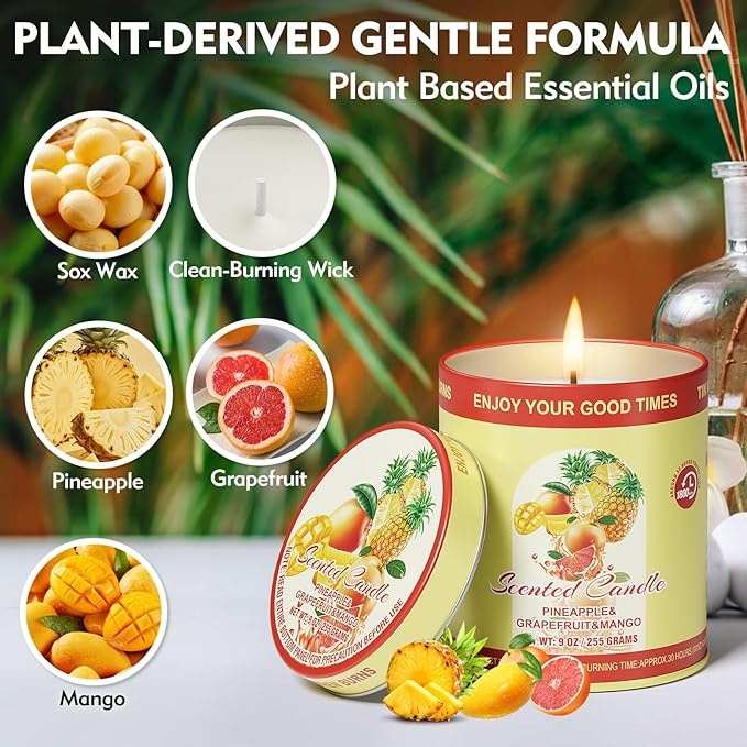 2 Pack Scented Candles (90 Total Burn Hours) - Soy Wax Candles 9 oz Each in Tin - Long Lasting Aromatherapy Candle Gift Set (Pineapple Grapefruit Mango)