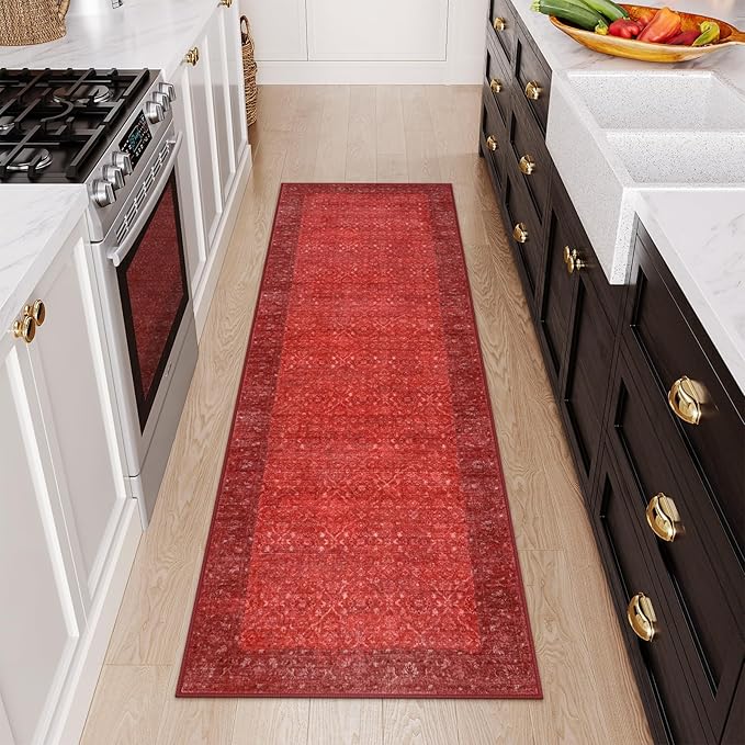Hedlive Vintage Red Kitchen Runner Rug, 2x6 Runners for Hallways Non Slip, Washable Runner Rug for Bedroom Entryway, Ultra-Thin Carpet Runners for Laundry Room Bedroom Holiday Decor (2'x6', Red)