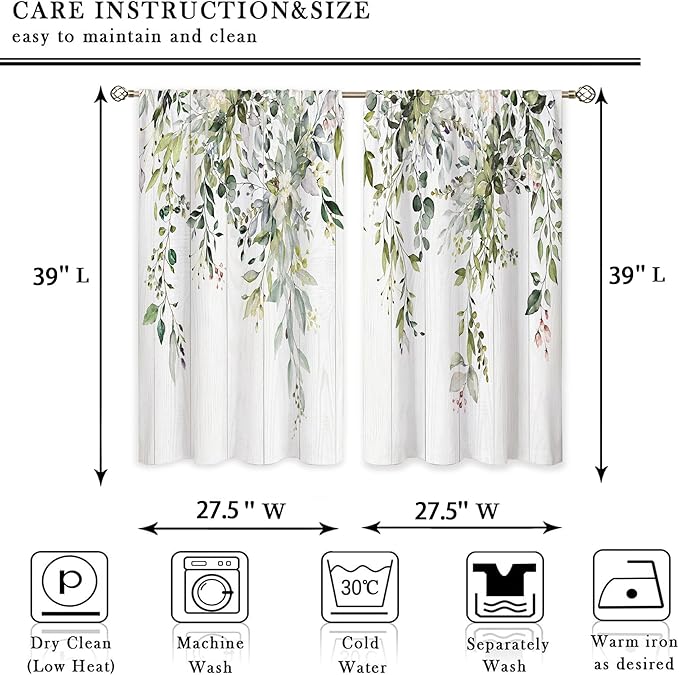 Farmhouse Eucalyptus Botanical Small Kitchen Curtains Rustic Leaves Window Treatment Wooden Floral Sage Mint Green Cafe Short Curtains for Bathroom Dining Tier Treatment Drapes 27.5x39 inch