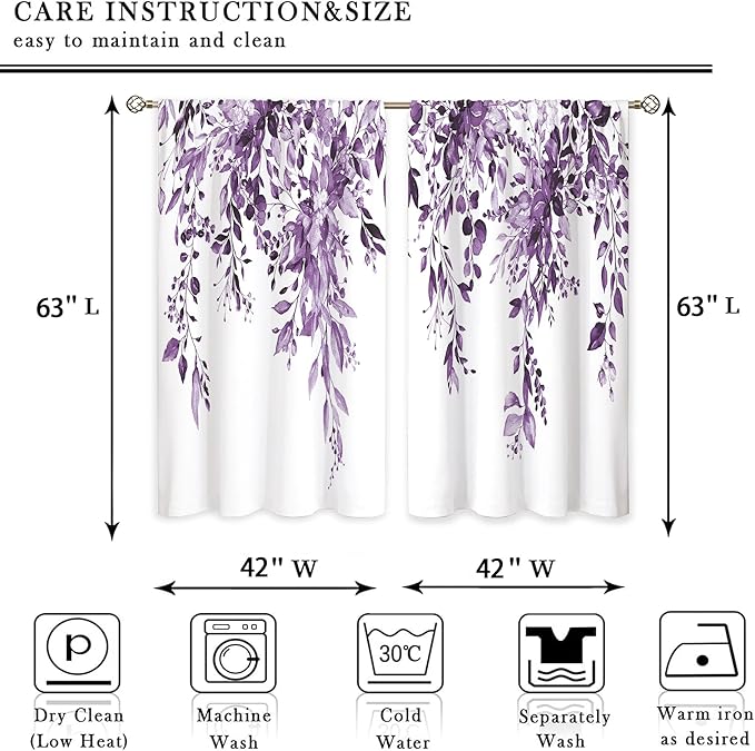 Purple Eucalyptus Botanical Leaves Floral Window Curtains Watercolor Flower Plant Wildflower Farmhouse Rustic Curtain Drapes Herb Curtains for Bedroom Living Room Treatment 42Wx63H Inch