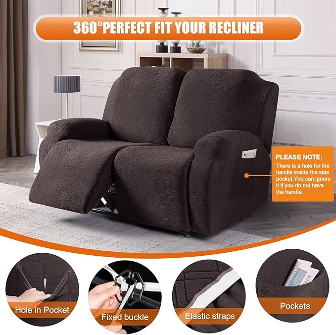 VANSOFY Loveseat Recliner Covers, 2-Pieces Stretch Reclining Couch Cover with Pockets Recliner Sofa Slipcovers 2 Seate Soft Washable Furniture Protector for Dogs Cats(Chocolate)