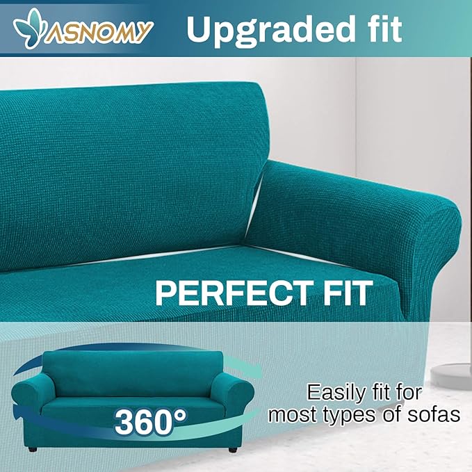 Asnomy Couch Covers for 3 Cushion Couch Stretch Sofa Covers Slipcovers, Pet Protector Furniture Covers for Dogs Cats Spandex Jacquard Fabric Small Checks （Large，Peacock Blue）