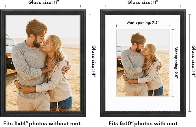 Americanflat Vintage Frames - 11x14 Picture Frame with Beaded Accents and Shatter-Resistant Glass - Use as 8x10 Frame or Display 11x14 Photos Without Mat - Heirloom Collection - Wall Display - Black